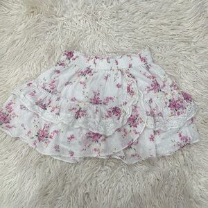 Love Shack Fancy Ruffle Mini skirt white and pink flowers